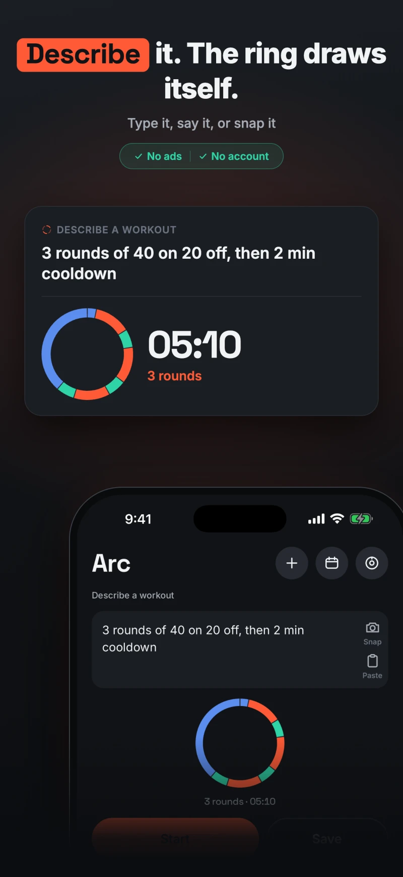 Describe it. The ring draws itself. The Arc home screen with a typed workout and the ring drawn beneath it.