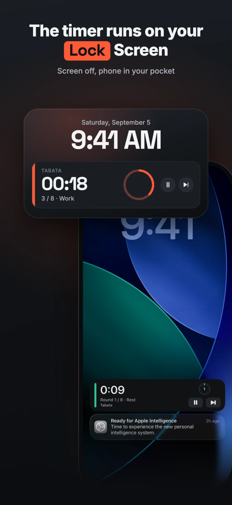 The timer runs on your Lock Screen. An iPhone Lock Screen showing the Arc countdown, round and phase with pause and skip controls.