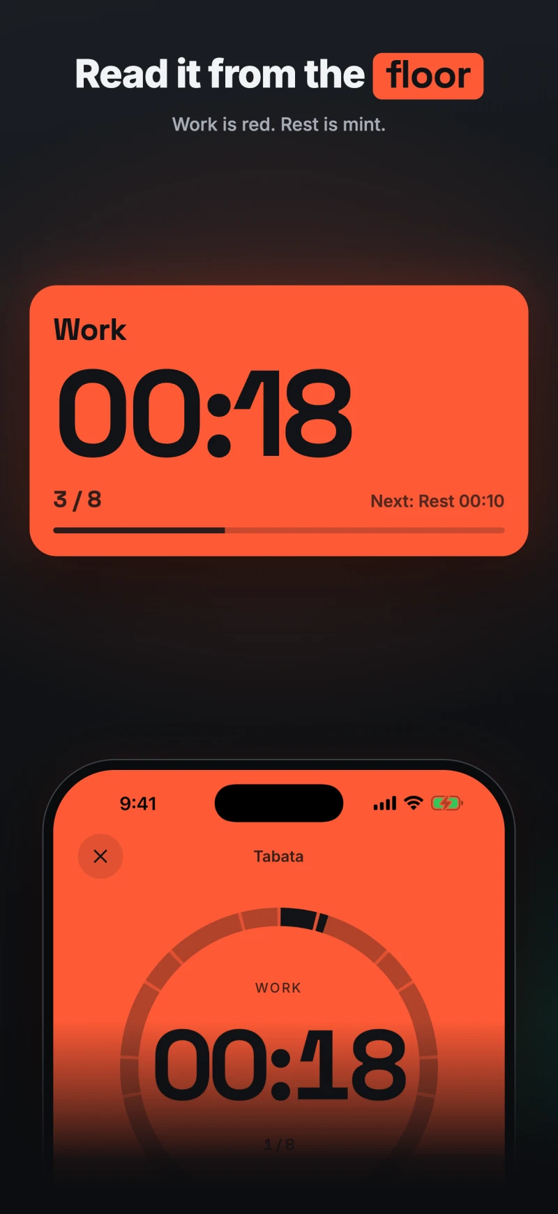 Read it from the floor. The running screen flooded work-red with an enormous 00:18 countdown, round 3 of 8 and the next rest interval.
