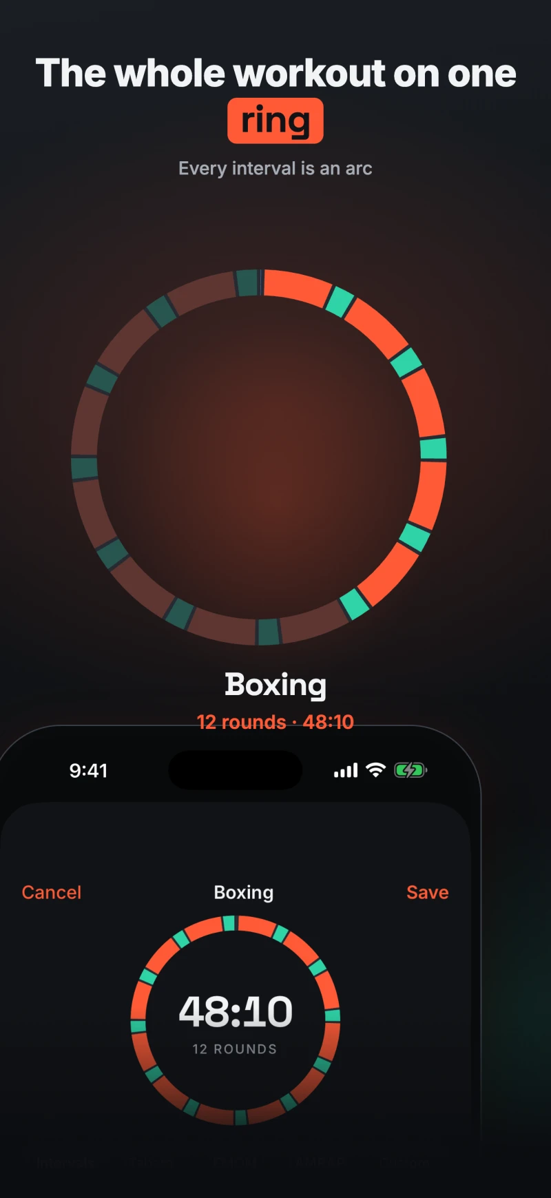 Every interval is an arc. The round ring with work, rest and cooldown drawn as separate coloured segments.