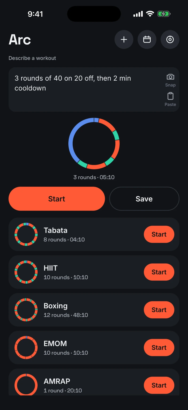 The Arc home screen: a describe-a-workout field reading "3 rounds of 40 on 20 off, then 2 min cooldown", the session drawn below it as a ring of orange work arcs, mint rest arcs and a blue cooldown arc, with Tabata, HIIT, Boxing, EMOM and AMRAP presets underneath.